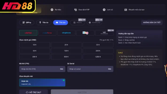 Hướng dẫn chi tiết quy trình nạp tiền tại HD88